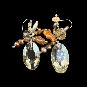 Vintage Artisan Crystal and Baroque Pearl Dangle Earrings - Gold and Brown